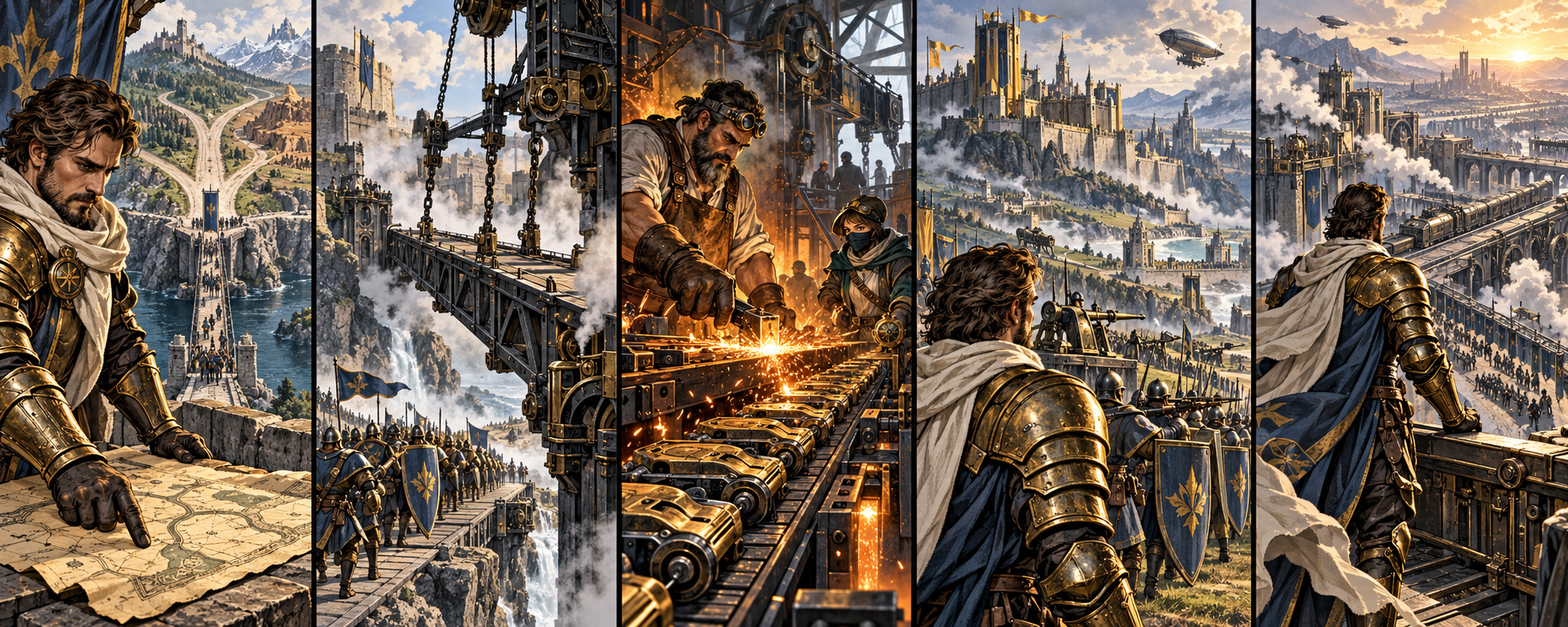 Campaign illustration of a commander, new bridge, blacksmith, fortress and expanded road to battle